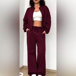 Woman’s Casual Burgundy Striped Long Sleeve Zipper Jacket and Pants set